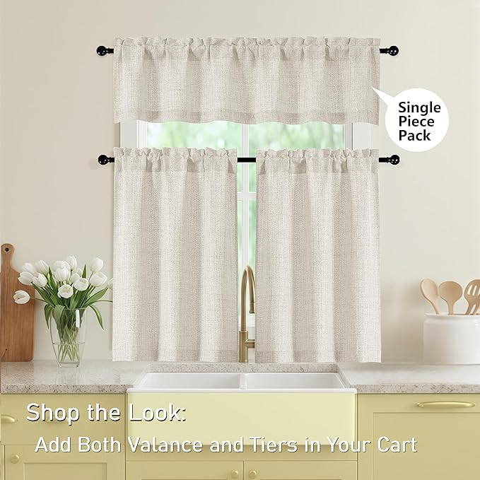 Natural Kitchen Curtains 24 Inch Length 2 Panels, Light Filtering Faux Linen Textured Short Curtains Tier for Windows, Small Curtain for Cafe Cabinet Bathroom Basement RV Camper, 30" Wx24 L