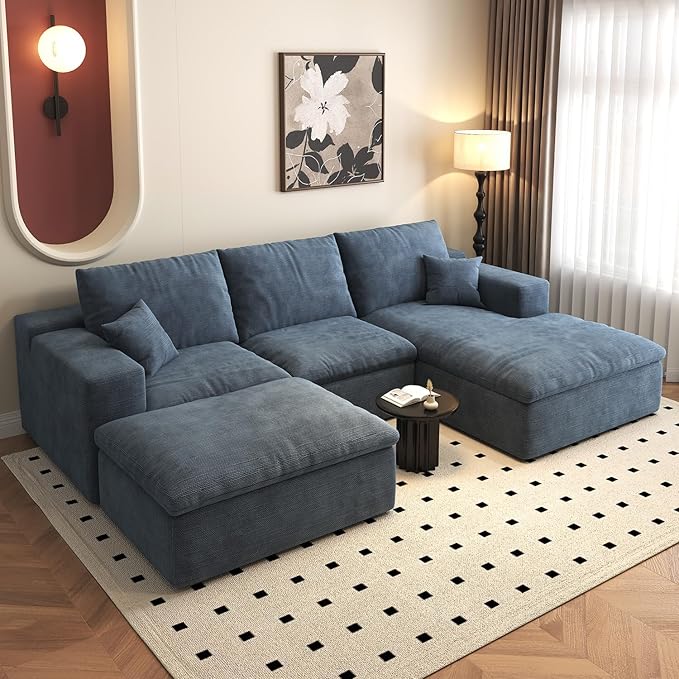 107'' U-Shaped Modern Modular Sectional Cloud Couch Whit Ottoman, 4-Seat Chenille Deep-Seat Sofa with Pillow for Living Room, Bedroom, Apartment, Ocean Blue