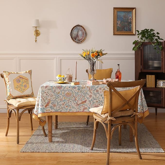 patdrea Designer Vintage French Tablecloth for Rectangle Table,Floral Birds Pattern Linen Table Cloth,Yellow Decor Cover for Kitchen Dining Banquet,Christmas,Thanksgiving,63"x110"-Magnolia
