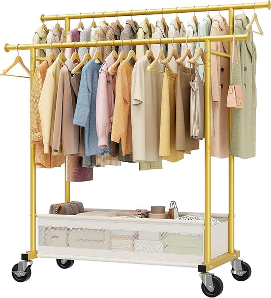 Clothes Rack, Double Rod Clothing Rack with Storage Bag & Sturdy Wheels, Metal Garment Rack for Closet Organizers and Storage, 43.3" W×17.7" D×63" H