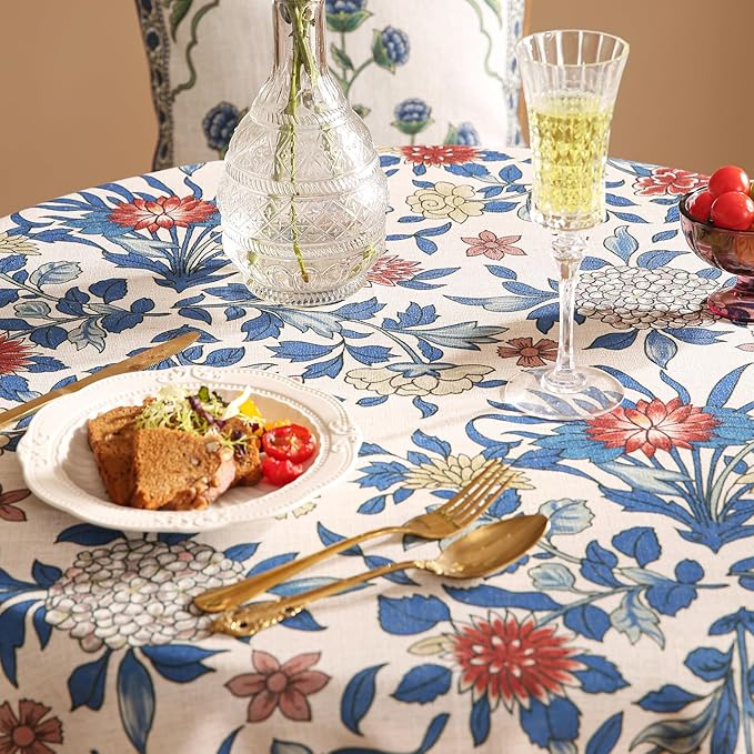 patdrea Designer Small Blue Tablecloth for Round Table,Vintage Linen Leaves and Floral Pattern Tablecloths,Farmhouse Decor Cover for Kitchen Dining Christmas,Thanksgiving,Diameter 55"-Ivar a