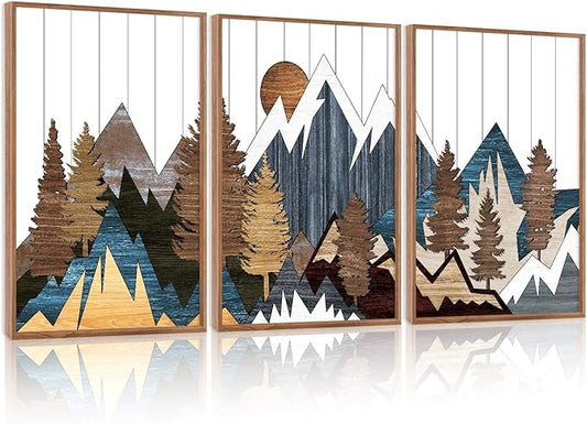 CHDITB Mountain Framed Canvas Wall Art Set Of 3,Country National Parks Artwork Modern Nature Wall Decor, Wood Mountain Wall Painting,Woodcut Nature Art Prints For Bedroom Living Room Decor(12X16 Inch)