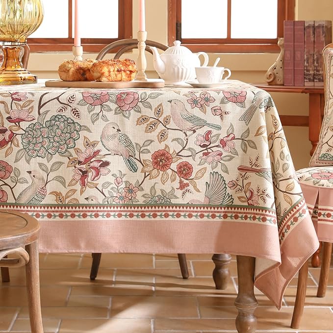 patdrea Designer Pink Linen Table Cloth for Rectangle Table,Vintage Floral with Birds Pattern Decorative Tablcloth,French Table Cover for Kitchen Dining,Thanksgiving,Christmas,55"x71"-Kulom a