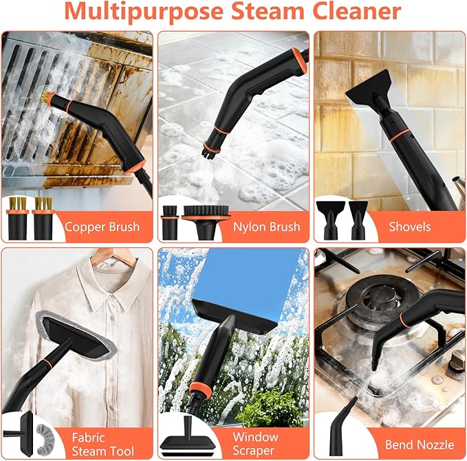 Steam Cleaner, Portable Steamer for Cleaning with 15pcs Accessories, 6-Level Adjustable, 15s Heat-Up, Handheld Steam Cleaner for Home for Tile, Grease, Dirt, Grout, Car Detailing, Orange