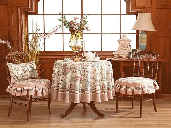 patdrea Designer Vintage Round Tablecloth,Pink Linen Table Cloth with Birds Pattern,Colorful Decoration French Table Cover for Kitchen Dining,Thanksgiving,Party,Christmas,Diameter 55"-Kulom a