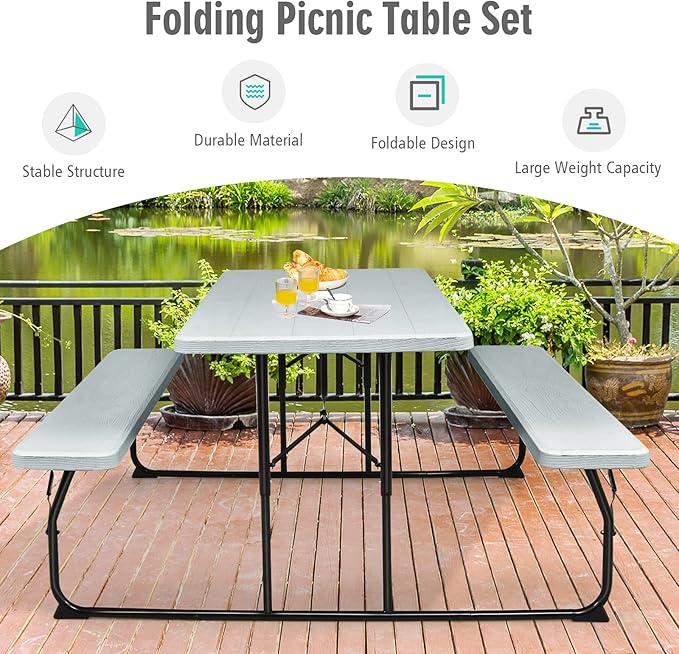 GYMAX Picnic Table, 550 LBS Folding Picnic Tables with Benches & Seats, Weather-Resistant Easy Setup Portable Picnic Table, Wood-Like Foldable Picnic Tables for Outdoors Patio Deck Party BBQ (Grey)