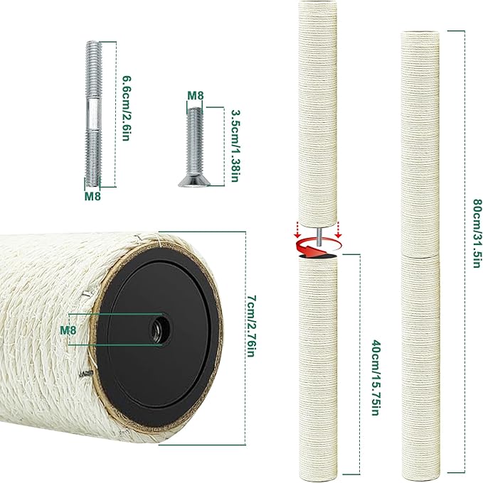 Cat Tree Replacement Post, 4 Pack 15.7in Cat Scratching Post Replacement Poles with M8 Screws, Natural Sisal Cat Tower Parts for Cat Tree Repair & Rebuild