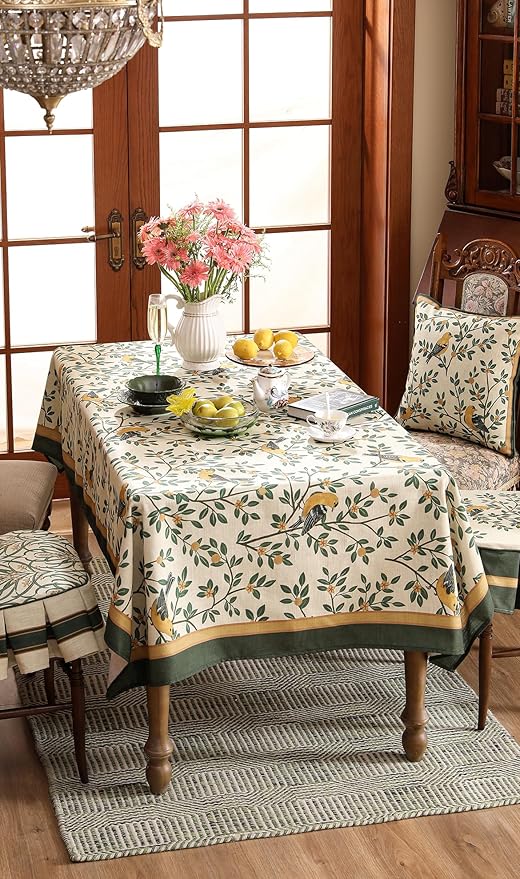patdrea Designer Vintage French Floral Square Tablecloth,Yellow Brids Green Leaves Pattern Linen Table Cloth,Decor Kitchen Dining Holiday Banquet Christmas,Thanksgiving,Party,67"x67"-Warbler