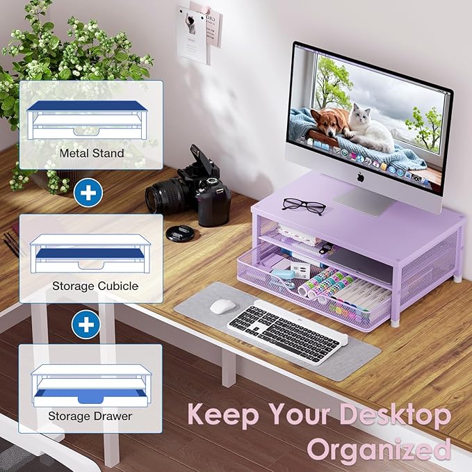 Computer Monitor Stand Riser, Desk Organizers and Accessories with Drawer, Laptop Stand, Office Desk Accessories & Workspace Desktop Organizers Storage for Office Supplies(Purple)