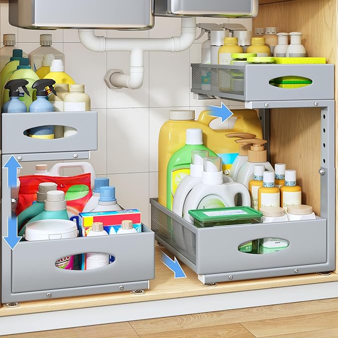 Under Sink Organizer, 2 Tier Pull Out Under Cabinet Organizer Shelf with Pad for Framed Cabinets, Metal Slide Out Under Sink Storage, Mesh Sliding Drawers for Kitchen Bathroom Laundry(Grey, 1 Pack)