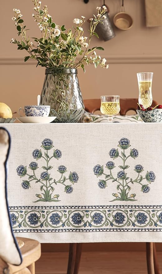 patdrea Designer Linen Vintage Blue Rectangle Tablecloth,Leaves Pattern Durable Floral Table Cloth,French Table Cover Cloth Decor for Kitchen Dining,Christmas,Thanksgiving,Party,55"x79"-Ivar B