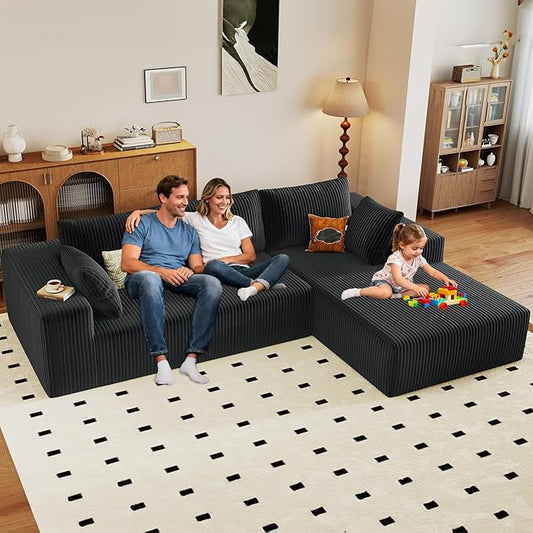 96" Modular Sectional Couch, Boneless L Shaped Cloud Sofa with Chaise Lounge, Corduroy Upholstered Couches Memory Foam Deep Seat, No Assembly Required, Ideal for Living Room(Black, Right Facing)