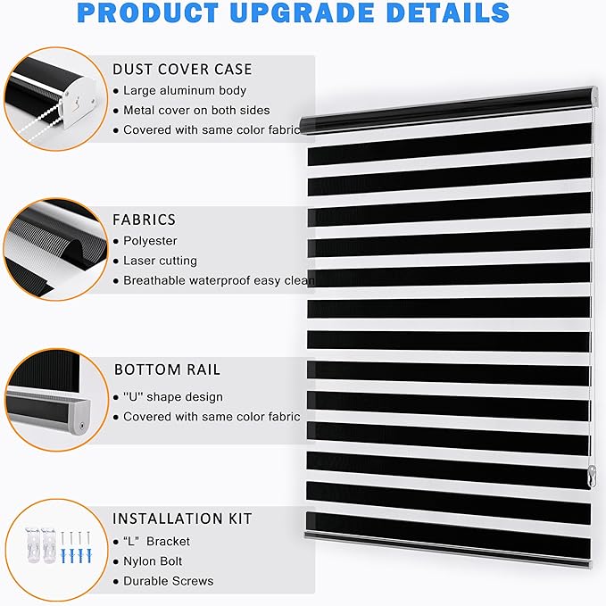 Blackout Zebra Blinds, Dual Layer Free-Stop, Room Darkening Zebra Shades, Blinds for Indoor Windows, Light Filtering Privacy Sheer Shade for Home(33" W X 72" H, Black)