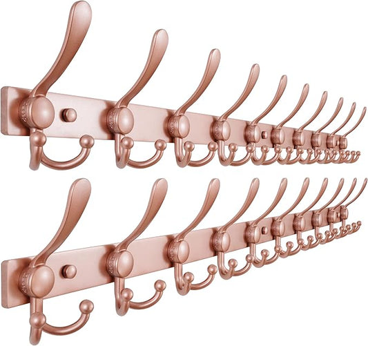 Dseap MaxStrong 2.0 Coat Rack Wall - 37” Long 10 Tri Hooks - Ultra Heavy-Duty Stainless Steel Wall Mount Coat Hanger, Hook Rail for Clothes Hats Jacket Towels Rose Gold, Pack of 2