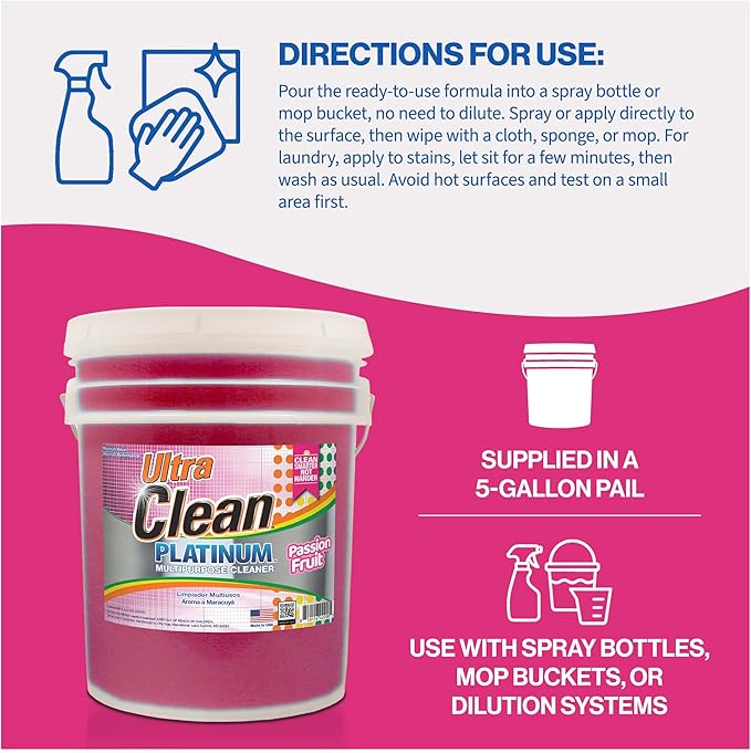 Ultra Clean Platinum Multipurpose Cleaner, Non-Abrasive and Bleach-Free, for Kitchen Counters, Bathroom Floors and Garage Spaces, Passion Fruit, 5 Gal