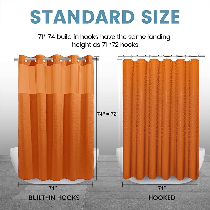 Burnt Orange No Hook Shower Curtain with Snap in Liner,230GSM Waffle Weave Shower Curtains for Bathroom,71W x 74H