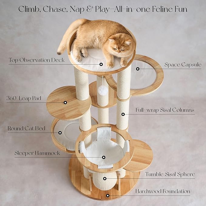 797Audio Modern Solid Wood Cat Tree Tower, 54" Tall Cat Tree with Sisal Scratching Posts, Capsule&Hammock,Natural Oak Wooden Cat Tower,Aesthetic Multi-Level Cat Climbing Tree for Large Indoor Cats