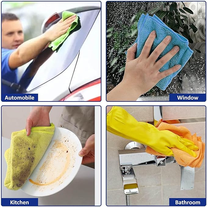Microfiber Cleaning Cloths (12-Pack), 14" x 14", Ultra Absorbent, Lint-Free, Streak-Free, Reusable, Ideal for Car, Kitchen, Window, and Household Cleaning (Orange/Yellow/Green/Blue)