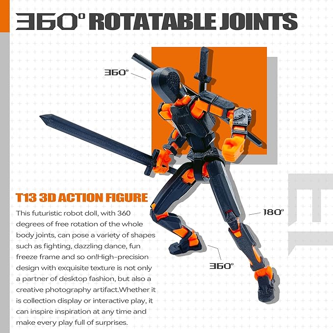 (Assembly Completed) T13 3D Action Figure Set,Dummy Robo Titan 13 Action Figures,3D Printed Multi-Jointed Toy (Black + Orange)