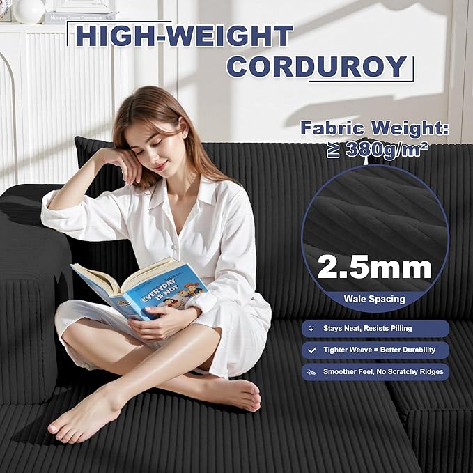 108" Boneless Couches for Living Room, Modular Cloud Couch Sofa - L Shap Corduroy Sectional Sofa, Fluffy Memory Foam Sleeper Sofa Furniture, No Assembly, Wide Armrest, Black