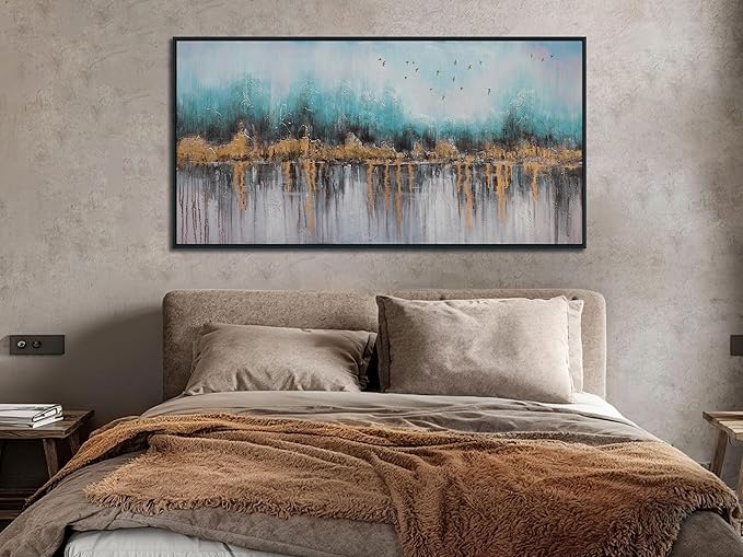 Ardemy Abstract Wall Art for Living Room Large Framed Teal Pictures Wall Decor Canvas Art Landscape Paintings Textured Artwork Wall Art for Men Bedroom Home Office, 40"x20"
