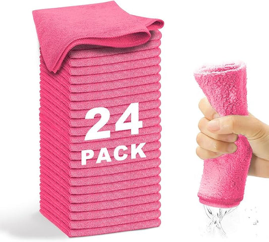 Microfiber Cleaning Cloth-24Pcs (13x13 inch) Ultra Soft Highly Absorbent Rags for Housekeeping-Machine Wash (HotPink)