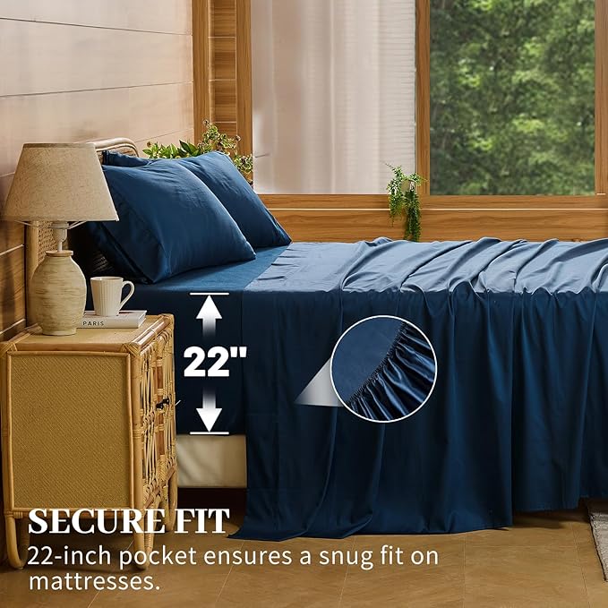 Bedlifes Deep Pocket Sheets 18-24 Inch, King Size Egyptian Cotton 1000 Thread Count, 4-Piece - Fits Extra Thick Mattresses, Cooling & Breathable (Navy)