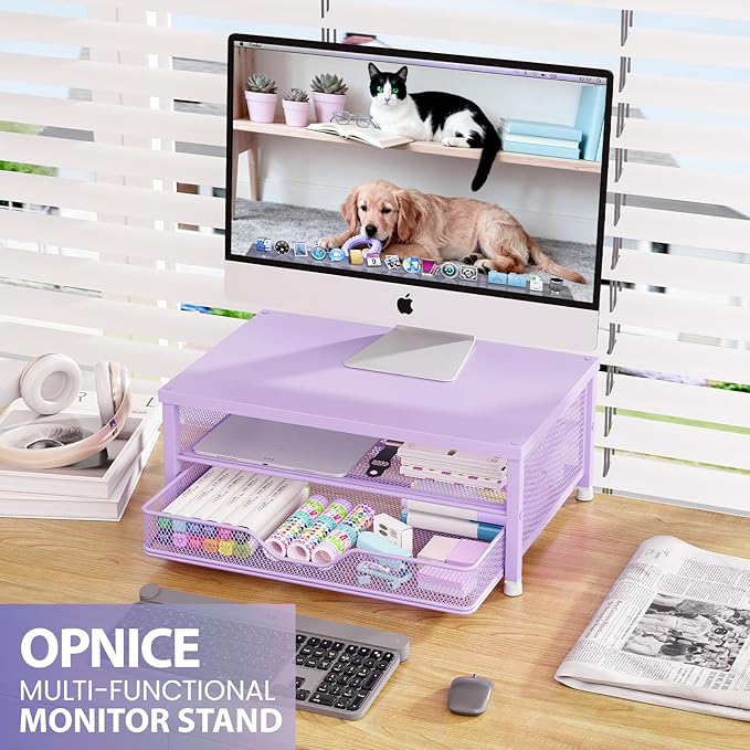 Computer Monitor Stand Riser, Desk Organizers and Accessories with Drawer, Laptop Stand, Office Desk Accessories & Workspace Desktop Organizers Storage for Office Supplies(Purple)