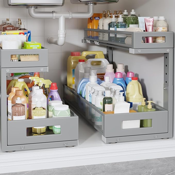 2 Pack 20.47IN Depth Under Sink Storage Organizer, Large 2-Tier Elegant Mesh Pull Out Shelf for Kitchen and Bathroom Cabinet Organization, L-Shaped and Adjustable Height Design-Gun Gray