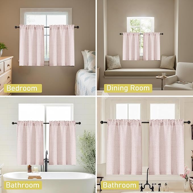 Blush Pink Kitchen Curtains 36 Inch Length 2 Panels, Light Filtering Farmhouse Faux Linen Textured Short Curtains for Windows, Small Curtain Tier for Cafe Cabinet Bathroom RV Camper, 30Wx36L