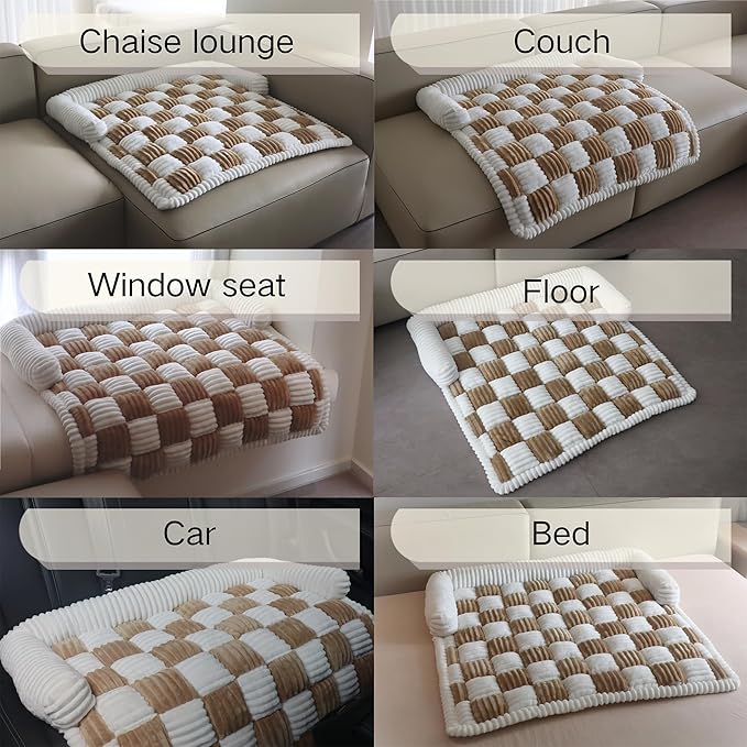 Couch Covers for Dogs and Cats, Fuzzy Dog Sofa bed with Cream Square Plaid, Plush Pet Couch Cover Bed, Thickened Quilted Furniture Protector Mat for Large Medium Pets (Dark Brown 27.56"*27.56")