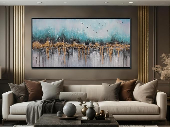 Ardemy Abstract Wall Art for Living Room Large Framed Teal Pictures Wall Decor Canvas Art Landscape Paintings Textured Artwork Wall Art for Men Bedroom Home Office, 40"x20"