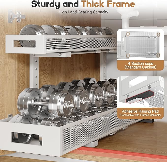 1 Pack 20.47IN Depth Under Sink Storage Organizer, Large 2-Tier Elegant Mesh Pull Out Shelf for Kitchen and Bathroom Cabinet Organization, L-Shaped and Adjustable Height Design-White