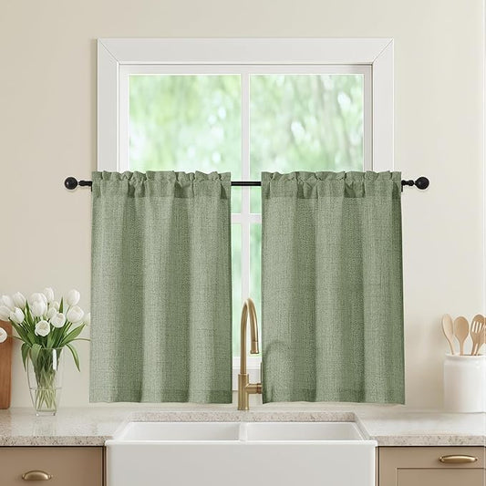 Sage Green Kitchen Curtains 36 Inch Length 2 Panels, Light Filtering Farmhouse Faux Linen Textured Short Curtains for Windows, Small Curtain Tier for Cafe Bathroom RV Camper, 30" Wx36 L