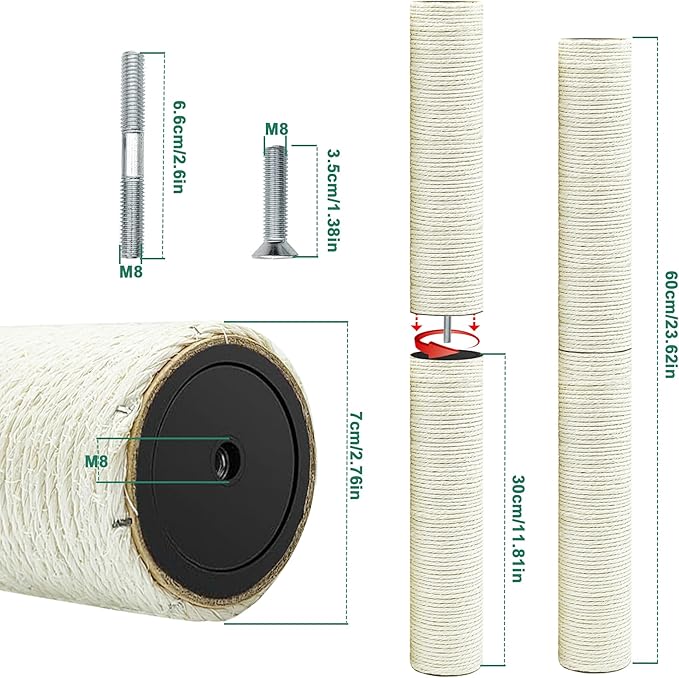 Cat Scratching Post Replacement Pole，2 PCS 11.81in Cat Tree Replacement Post，Natural Sisal Cat Tree Replacement Parts with M8 Screws，Cat Scratch Post Replacement for Refurbishment (11.8in/30cm)