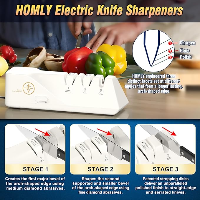 Professional Electric Knife Sharpeners with 100% Diamond Abrasives and Precision Angle Guides, Multifunctional 3-Stage Slots, Applicable to Straight Knife and Ceramic Knife