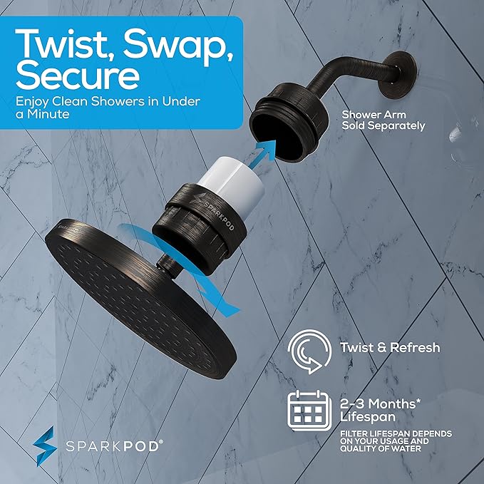 SparkPod Luxury Filtered Shower Head Set 23 Stage Shower Filter - Reduces Chlorine and Heavy Metals - High Pressure Showerhead Filter (8" Round, Vintage Oil-Rubbed Bronze)