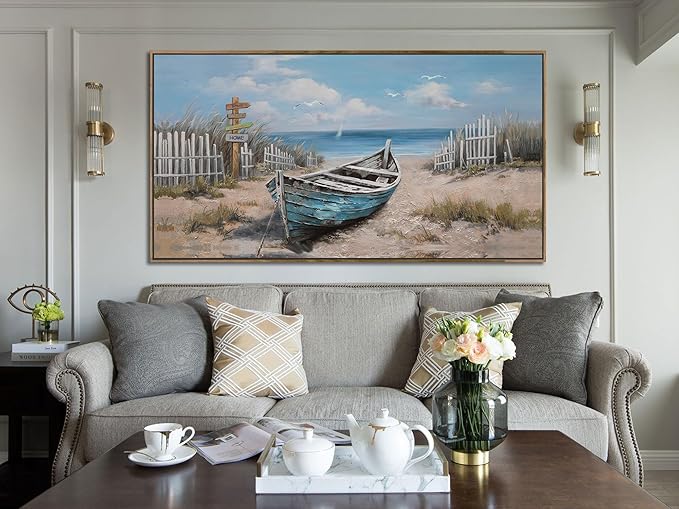 Ardemy Framed Canvas Wall Art Extra Large Boat Bedroom Pictures Wall Decor Living Room, Beach Seascape Paintings Wall Decor Textured Artwork for Kitchen Dining Room Home Office, 40"x20"