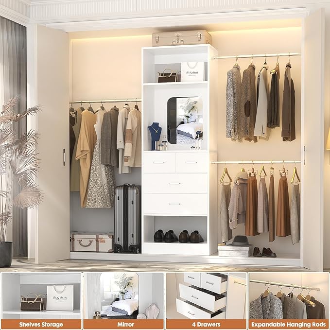 Unikito 48" W - 96” W Closet Organizer, 8FT Walk in Closet Systems Starter Kit with 25” Tower and 3 Extendable Hanging Rods, Sturdy Wood Garment Rack with 4 Drawers and Mirror, Max Load 1000 LBS White