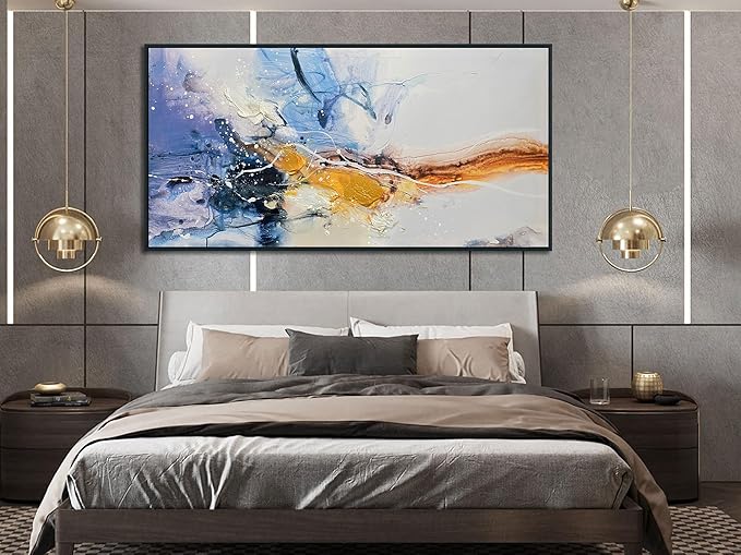 Ardemy Extra Large Abstract Wall Art Canvas for Living Room Modern Framed Wall Decor Textured White Beige Purple Painting Picture Bedroom Artwork Home Office Kitchen Dining Room, Black Wood 58"x29"