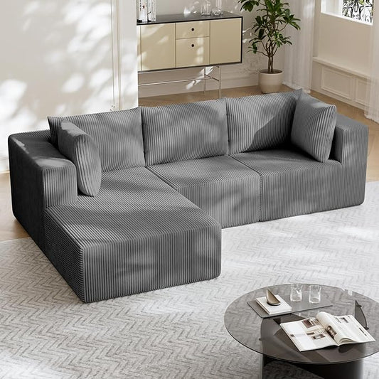 108" Boneless Couches for Living Room, Modular Cloud Couch Sofa - L Shap Corduroy Sectional Sofa, Fluffy Memory Foam Sleeper Sofa Furniture, No Assembly, Wide Armrest, Grey