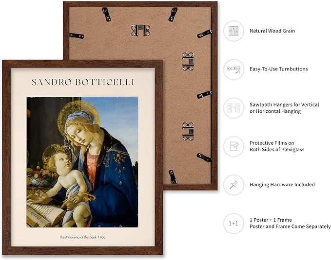 Poster Master Sandro Botticelli Poster - Portrait of A Young Man Print - Italian Art - Renaissance Art - Man in Beretta Hat Art - Portrait Art - Classic Living Room Decor, 8x10 Brown Framed