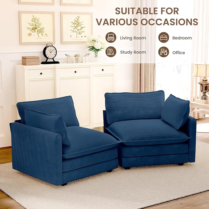 ROWHY 78'' Sectional 2 Seat Cloud Loveseat with 2 Throw Pillows, Modern Corduroy Love Seat, Convertible Cozy Sofa for Living Room, Bedroom and Office, Blue