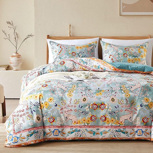 Cupocupa Duvet Cover Full Size Set Boho Floral Pattern Full Christmas Duvet Cover Set for Full Size Bed Vintage Soft Bedding Leaf Print Duvet Cover with Pillowcases