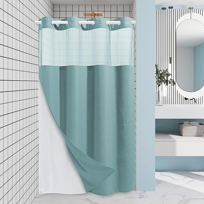 Teal Stall No Hook Shower Curtain with Snap in Liner,230GSM Waffle Weave Shower Curtains for Bathroom,54W x 80H