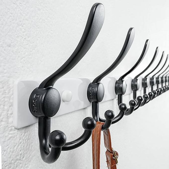 Dseap MaxStrong 2.0 Coat Rack Wall - 37” Long 10 Tri Hooks - Ultra Heavy-Duty Stainless Steel Wall Mount Coat Hanger, Hook Rail for Clothes Hats Jacket Towels White & Black, Pack of 2