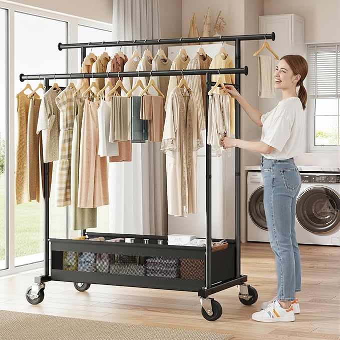 Clothes Rack, Double Rod Clothing Rack with Storage Bag & Sturdy Wheels, Metal Garment Rack for Closet Organizers and Storage, 43.3" W×17.7" D×63" H