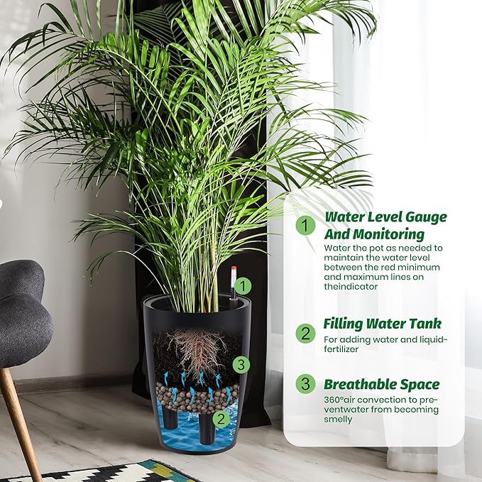 16 in Tall Planters Set of 2, Plant Pots, Self Watering Pots for Indoor Plants, Flower Pots With Built-In Drainage and Visual Water Level Design, for Patio, Porch, Living Room, or Home Office, Black