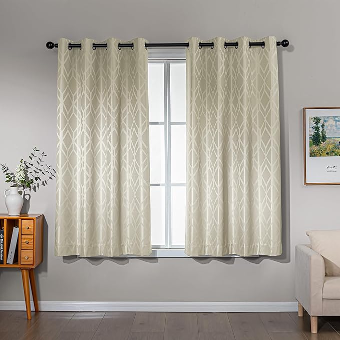 Amazon Basics Jacquard 2-Piece 100% Blackout Curtains, Living Room and Bedroom Drapes, Thermal Insulated Window Treatment, 42"x63", Beige