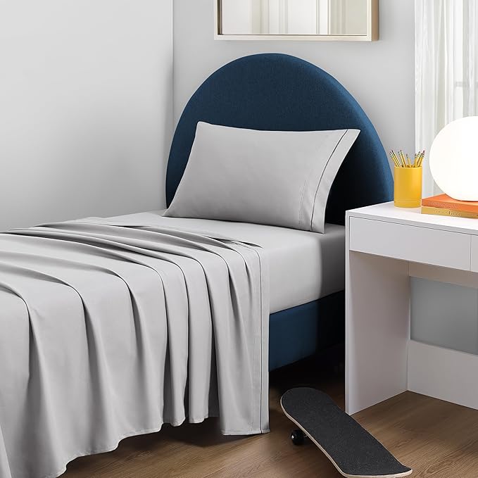 Casual Living Twin Sheets Set 3 Piece Cooling Sheets with 1 Pillowcase Soft Microfiber Hypoallergenic Washable Bed Set Deep Pocket Lightweight Bedding Elasticized for Dorm or Bunk, Twin, Grey